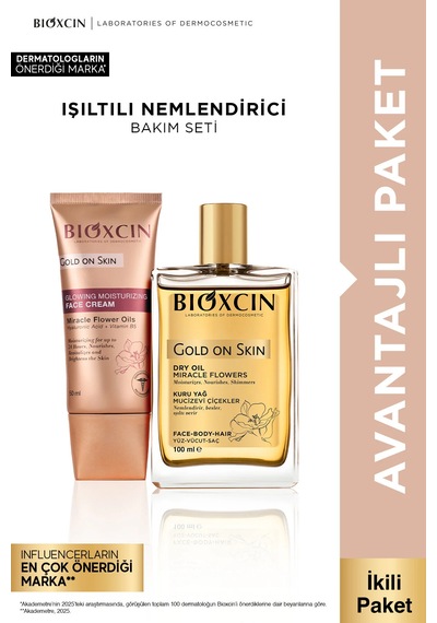 Gold On Skin Işıltılı Yüz Kremi 50 Ml + Kuru Yağ 100 Ml Seti - Nemlendirir, Işıltı Verir