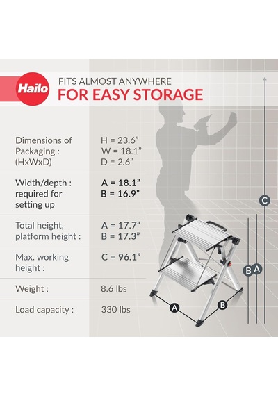 Hailo Mk80 Comfortline Alüminyum Katlanır Merdiven - 150 Kg'a Kadar 2 Büyük Basamak - Entegre Kilit Açma Fonksiyonl Genel