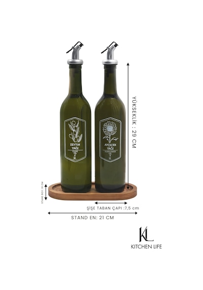 Kitchen Life 4 Parça Hunili Ahşap Standlı Amber 2'li 750 Ml Zeytinyağı Yağ Şişesi Ahşap Altlıklı Cam Yağlık Seti