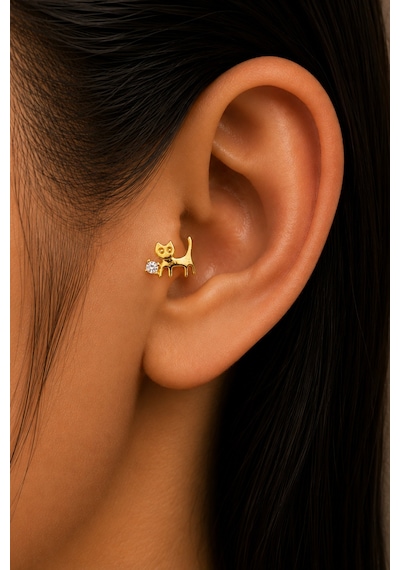 Sertifikalı 316l Çelik Tektaş Ve Taşlı Göz Detaylı Kedi Figürlü Premium Gümüş Renk Tragus Ve Helix P