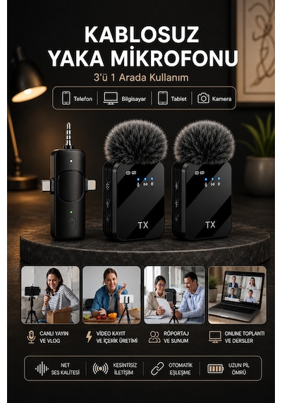 Sprange 3ın1 Kablosuz Yaka Mikrofonu Type-c Lightning Ve 3.5mm Aux Çift Mikrofonlu Dijital Ekranlı Telefon Kamera Tablet Uyumlu