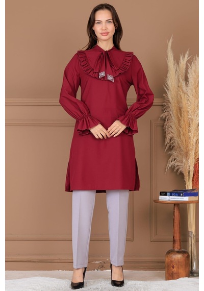 Esilanur Asel Tunik Pantolon İkili Tesettür Takım Bordo Bordo