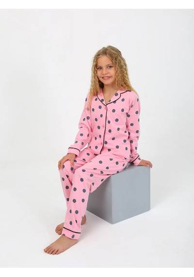 Kız Çocuk Uzun Kollu %100 Pamuklu Düğmeli Pijama Takımı Soft Pembe