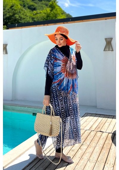 Remsa Tesettür Mayo Üzerine Desenli Tek Kaftan Pareo 430-307 Arjantin Ekru