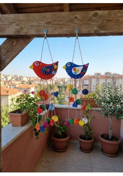 El Yapımı Taş Tozu Renkli Kuş Figürlü Dekoratif Duvar Süsü - Balkon Bahçe Ve Ev Aksesuarı Askılı Süs 11x24