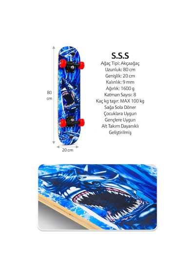 Büyük Boy Kaykay 80 Cm 8 Katmanlı Canlı Desenli Kemik Teker Kaymaz Skateboard 3108 Gri