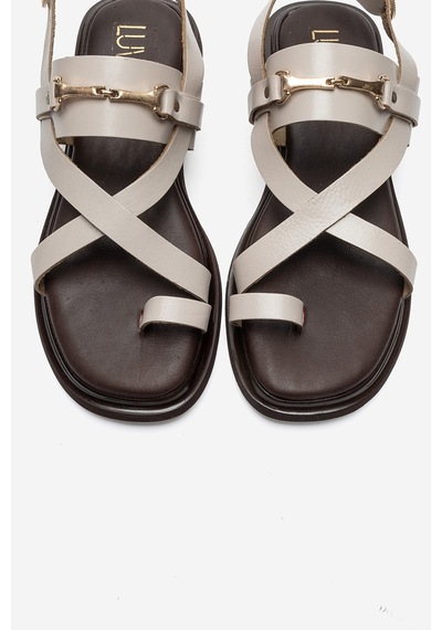 Luvi Shoes Fabıana Krem Hakiki Deri Tokalı Kadın Parmak Arası Sandalet