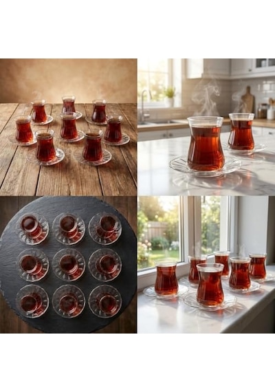 12 Parça Çay Seti - 6 Adet Fitil Desenli Cam Çay Bardağı Ve 6 Adet Cam Çay Tabağı - Isıya Dayanıklı Çay Tak Diğer