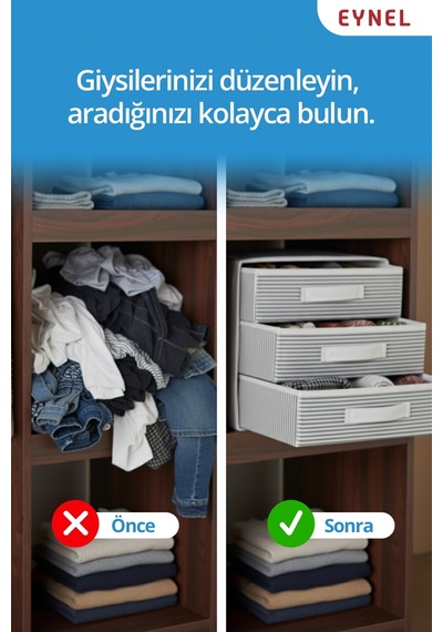 Katlanabilir Üç Çekmeceli Dolap Çamaşır Organizeri Takı Kutusu Gardrob Kumaş Düzenleyici 32x32x32cm Çok Renkli