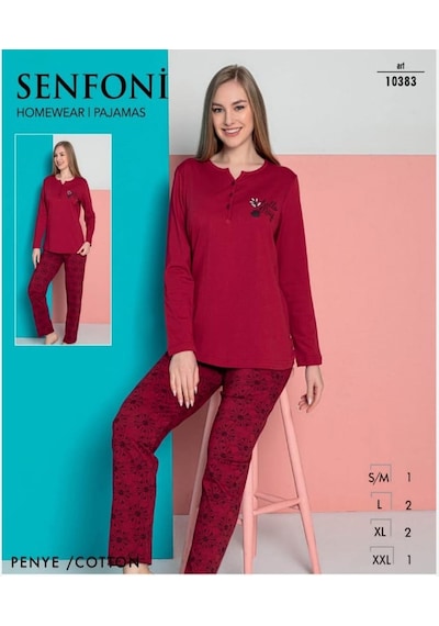 Senfoni Kadın Viskon Penye Düğme Yaka Uzun Kol Pijama Takımı 10383 -1 Adet Kırmızı