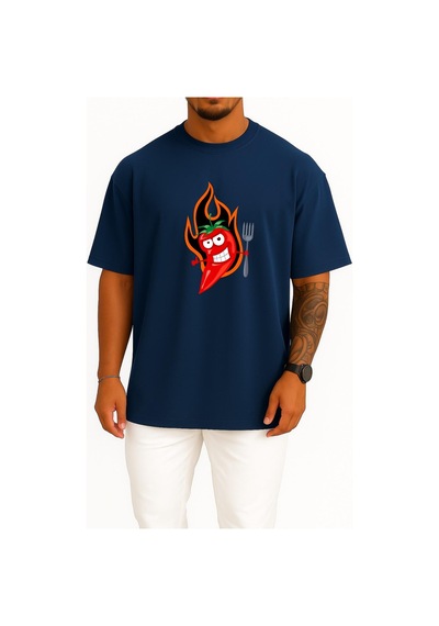 Bahriyeli Collection Oversize Kırmızı Acı Biber Logosu Göğüs Tasarımlı Unisex T-shirt Lacivert
