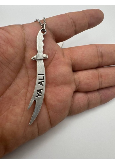 Zülfikar Figürlü Hz. Ali'nin Kılıcı Kolye Medet Ya Ali Yazılı, Antik Tasarım, 60 Cm Zincirli Çok renkli