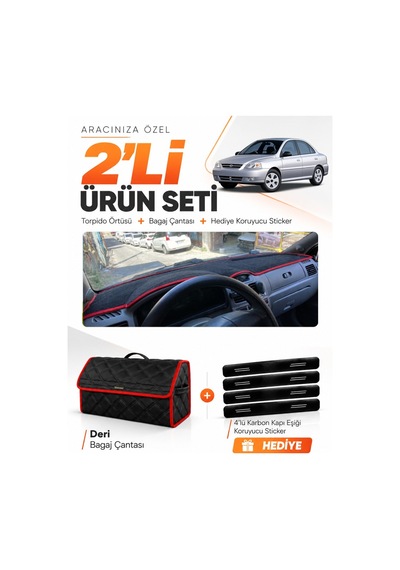 E-biz Kia Rio 2000-2005 Uyumlu Torpido Örtüsü + Deri Bagaj Çantası Seti - Siyah-kırmızı - Kı011