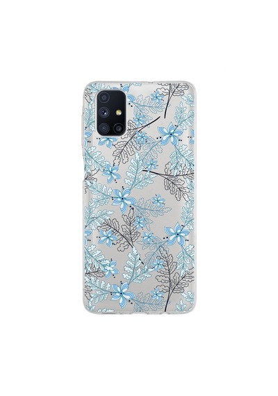 Samsung Galaxy Uyumlu M51 Kapak Floral Mavi Tasarımlı Şeffaf Silikon Kılıf