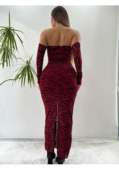 Pink Life Kırmızı Tül Üzeri Flog Baskılı Zebra Desenli-Kırmızı Zebra