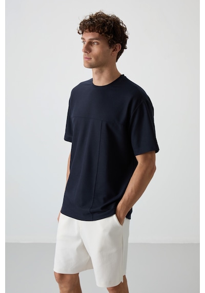 Air Jones Tommy Life Lacivert Waffle İnterlok Yüzeyi Dokulu Oversize Fit Basic Erkek T-shirt - 88380 Lacivert