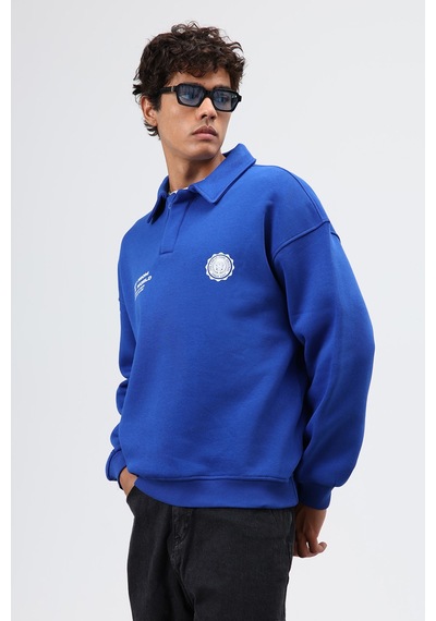Vamos Polo Yaka Oversize Baskılı Yıkamalı Sweatshirt Saks Mavi