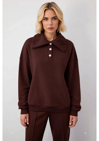 Benerly Kadın Polo Yaka Düşük Kol Örme Sweatshirt Fonksiyonel Dayanıklı K Kahverengi