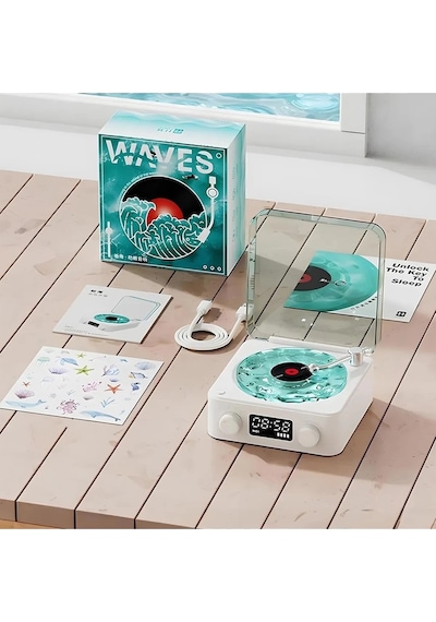 Waves Nostalji Plak Görünümlü Bluetooth Hoparlör 3d Ses Dalgası Retro Müzik Plak Mavi