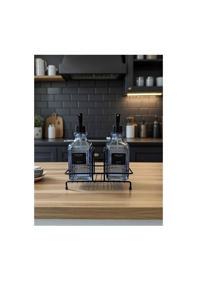 Modern Çizgili Cam İkili Sıvı Sabunluk & Deterjanlık Seti - 500ml Standlı Mutfak Ve Banyo Organizeri Mavi