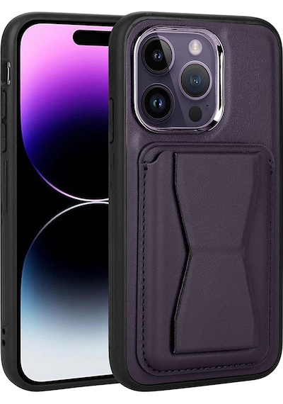 Ardemix Apple iPhone 14 Pro Uyumlu Kartlıklı Standlı Pu Deri Memo Kılıf-koyu Mor Koyu Mor