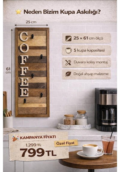 Ahşap Duvar Kupa Askılığı 5 Li Kahve Köşesi Organizer 25x61 Cm