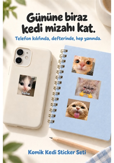 Kedi Sticker Seti 42 Adet Sevimli Kedi Çıkartmaları Laptop, Defter, Telefon Çok Renkli