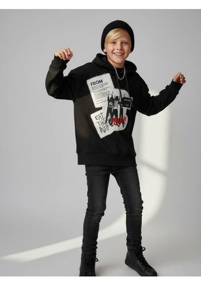 Zekids Erkek Çocuk Kapüşonlu Baskılı Teenage Tasarım Sweatshirt-16662 Siyah