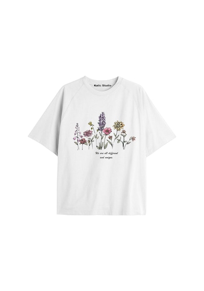 Kalic Studio Kadın Çiçek Özel Baskılı Renkli Oversize Penye Pamuklu Bisiklet Yaka T-shirt Beyaz-19