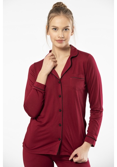 Türen 3365 Kadın Uzun Kollu Gömlek Yaka Pijama Takım-bordo Bordo