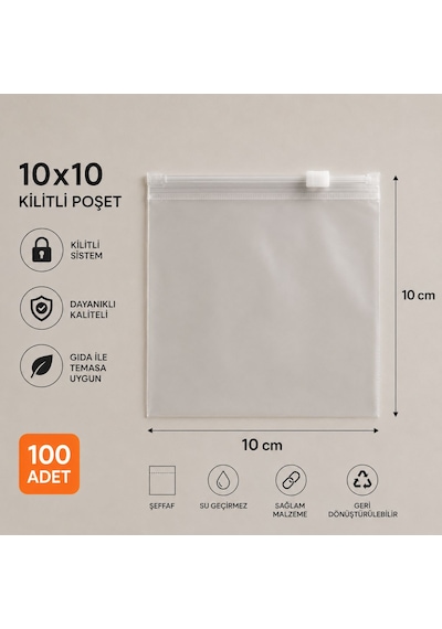 10x10 Şeffaf Kilitli Poşet 100 Adet - 140 Mikron, Bpa İçermez