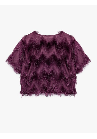 Koton Peluş Detaylı Bisiklet Yaka Kısa Kollu Crop Bluz Mürdüm 7wak10025uk Mor