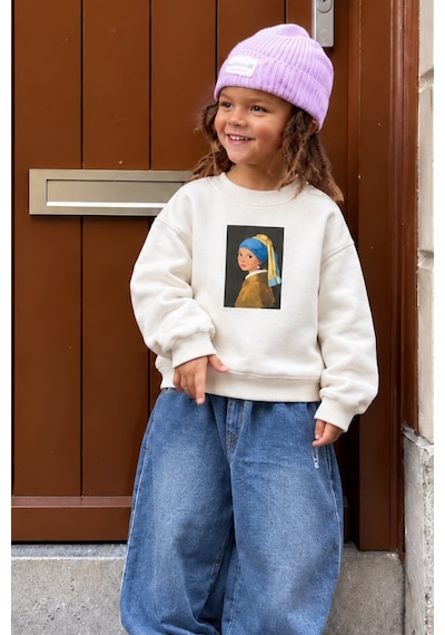 Monila Kız Çocuk Pamuklu Bisiklet Yaka İnci Küpeli Kız Baskılı Sweatshirt Ekru