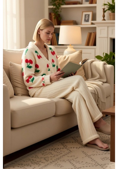 Benerly Kadın V Yaka Uzun Kol Regular Kalıp Wellsoft Pijama Takımı Fonksi Çok renkli