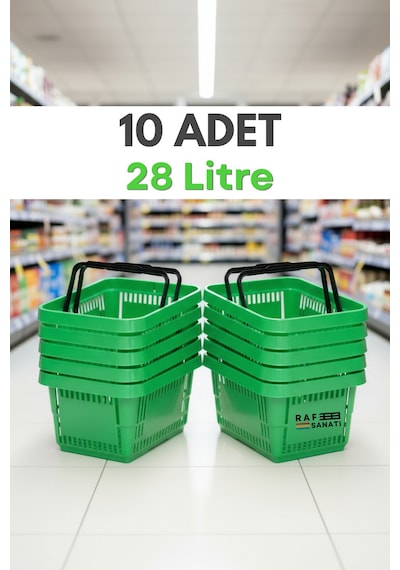 10 Adet - 28 Litre Plastik Market Alışveriş Sepeti Saplı Dayanıklı Market Mağaza El Sepeti Yeşil