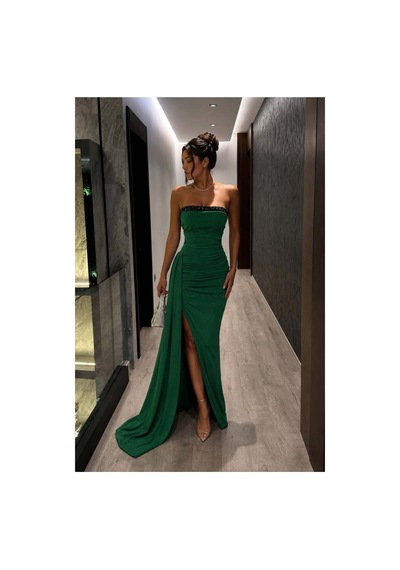 DefyModa Kadın Şık Dik Yaka Payetli Maxi Uzun Kollu Abiye Elbise Zümrüt