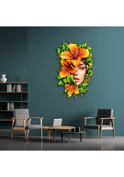 Turuncu Zambaklı Kadın Portresi - Metal Tablo - Dec0276 53 X 80 Cm Çok Renkli
