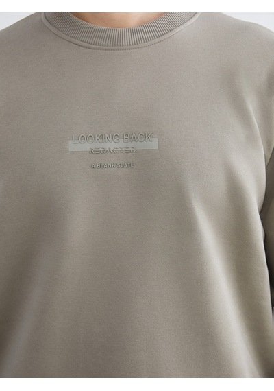 Lcw Vision Bej Bisiklet Yaka Baskılı Erkek Kalın Sweatshirt