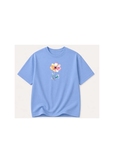 Herkesemoda Renkli Çiçek Baskı Detaylı Kadın Bisiklet Yaka Pamuklu T-shirt Mavi