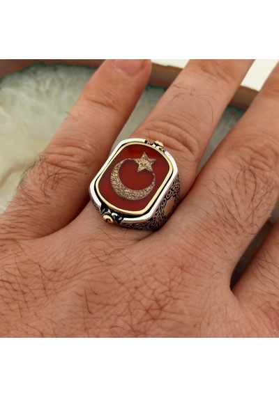Fkgümüş Çift Taraflı Ay Yıldız Ve Osmanlı Arması Erkek Yüzük