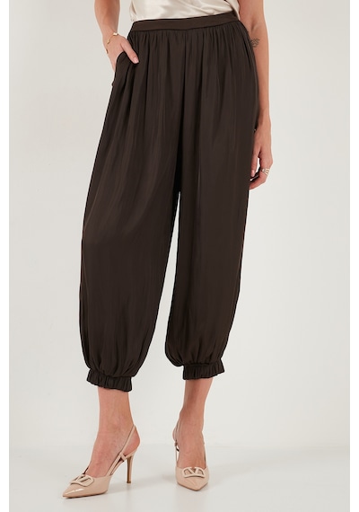 Lela Comfort Fit Yüksek Bel Lastikli Paça Saten Bayan Pantolon 68351217 Kahve