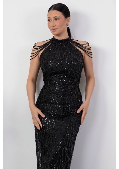 Kalopya Halter Yaka Boncuklu Tül Elbise Dns2227 Siyah