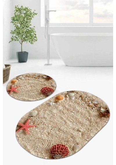 Bej Deniz Kabuklu Banyo Halısı Klozet Oval Paspas Seti Bs083n11