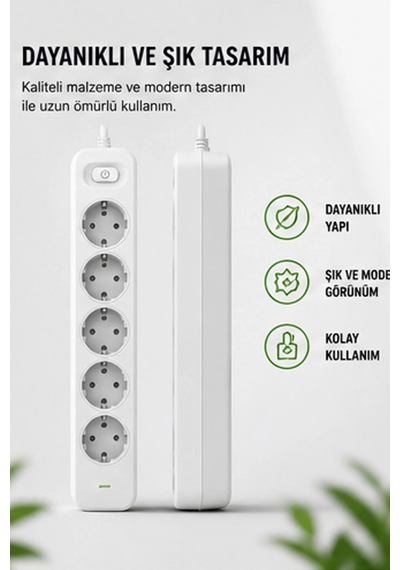 Akım Korumalı 5 Li Çoklu Priz 2500w Güçlü Uzun Kablolu Güvenli Kullanım 2 M