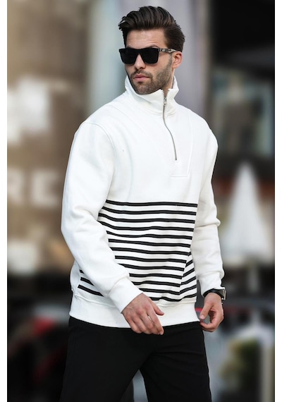 Madmext Ekru Fermuar Yakalı Çizgili Sweatshirt 7056-ekru Ekru