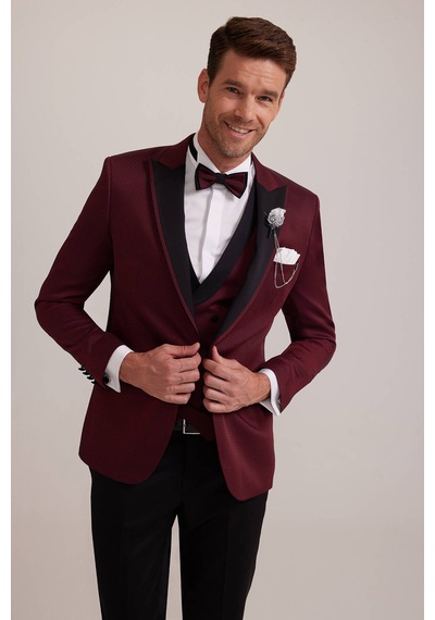 Ysf Erkek Bordo Kırlangıç Yaka Yelekli Slim Fit Desenli Damatlık