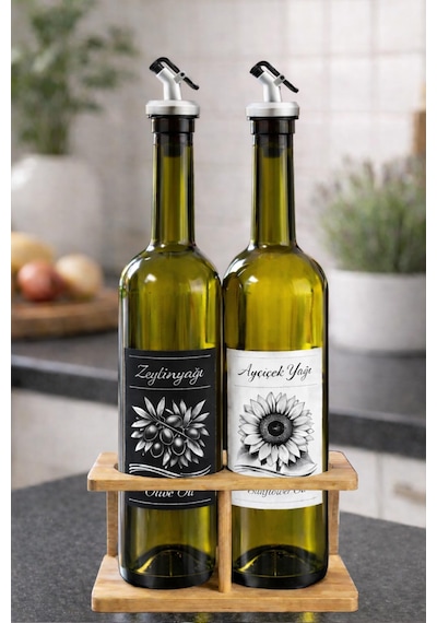 Korumalı Standlı Zeytinyağı Ve Ayçiçek Yağı Şişesi Seti, Etiketli Ve Yağdanlıklı, 750 Ml, 2 Adet Gri