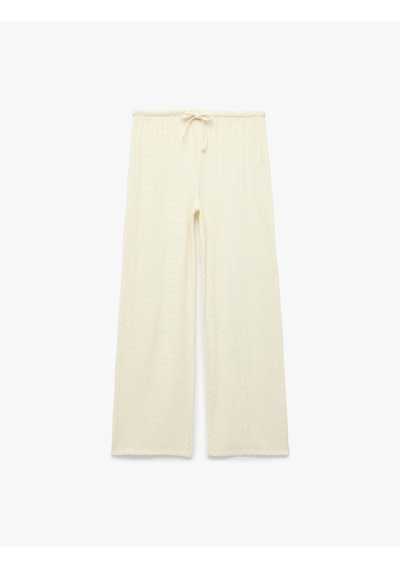 Koton Bürümcük Kumaş Dokulu Beli Bağcıklı Düz Bol Paça Pantolon Ekru 6sak40106ek