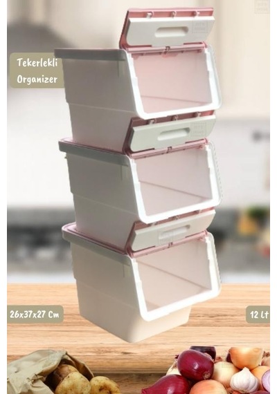 3 Lü Tekerlekli Patateslik Soğanlık Oyuncaklık Erzak Kutusu Sebzelik Beyaz Pembe 36 Lt Pembe Beyaz