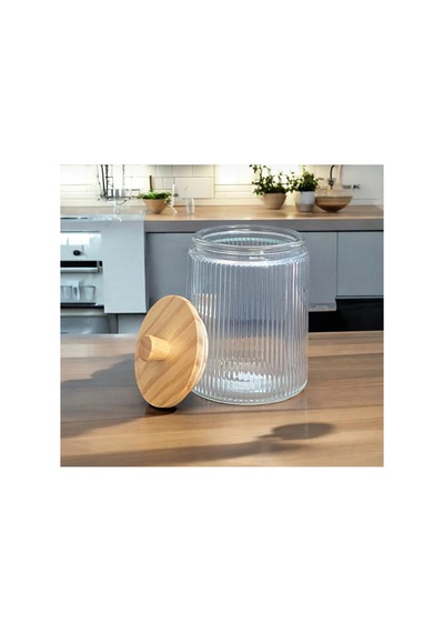 1 Adet Bambu Vakum Kapaklı Cam Çay Şeker Kahve Saklama Kavanozu 1300 Ml Kavanoz Bej Bej
